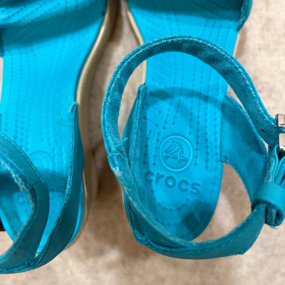 CROCS Leigh II Double Strap Wedge Comfort Sandal Teal Turquoise Womens size 8 - Picture 8 of 14